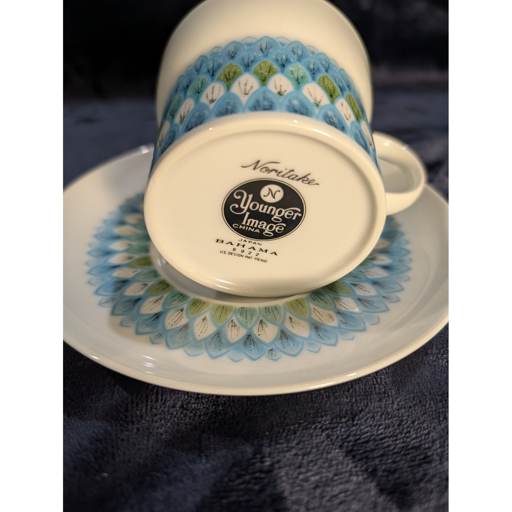 Noritake Younger Image Bahama Coffee Cups Saucers Set of 2 Blue Green Floral MCM - Picture 4 of 10